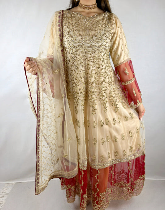 Cream & Red Georgette Anarkali Dress