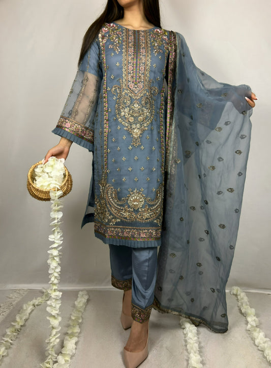 Steel Blue Straight Cut Salwar Kameez